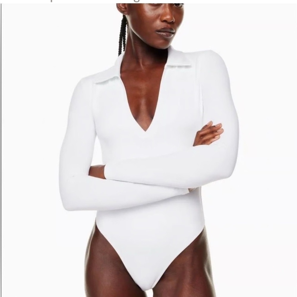 Babaton White Long-Sleeve V-Neck Collared Bodysuit